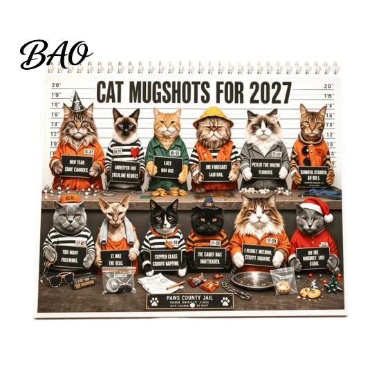 Wall Mounted Hanging Calendar 2027 Funny Cat for Home Office, Large Print Monthly Planner with Animal Theme 12 Unique Cute Photos, Thick Paper