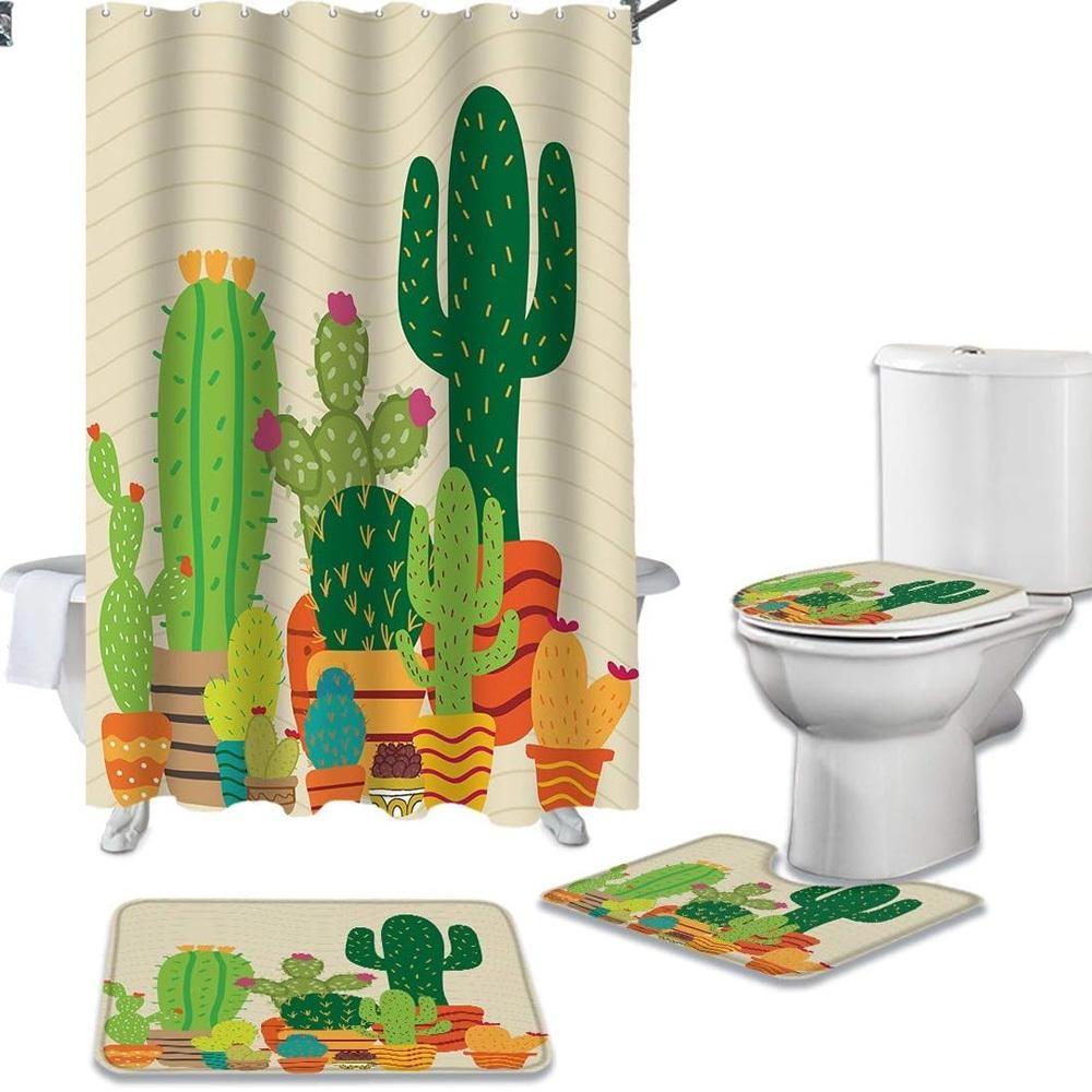 4Pcs/Set Shower Curtain Set with Bathroom Rugs and Mats Desert Cactus Succulent Plants Style Bathroom Decoration