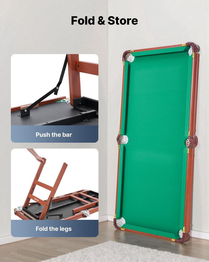 Folding Pool Table, 140cm Portable Billiards Tables, Foldable Space-Saving Entertainment Game Set Includes Ball, Cue, Rack, Chalk, Brush, Brown with