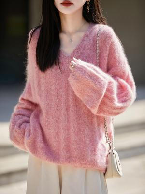Women's Korean Style V-Neck Cashmere Wool Blend Loose Knit Sweater for Autumn Winter