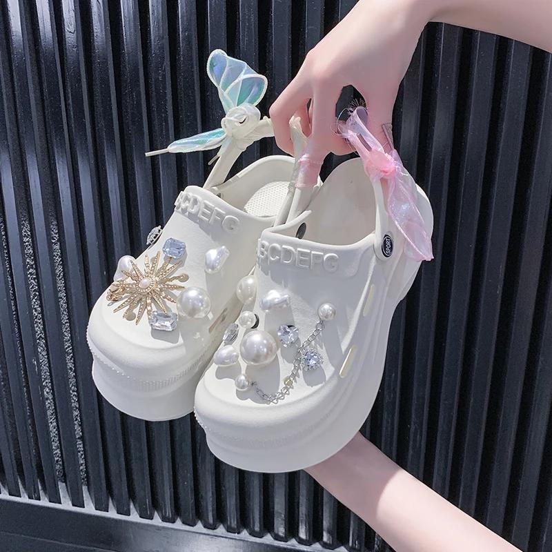 Fashion Pearl Decor Women's Diy Clogs Sandals Summer 2025 Wedge Platform Sandals Woman Fashion Ribbon Thick Sole Garden Shoes Women