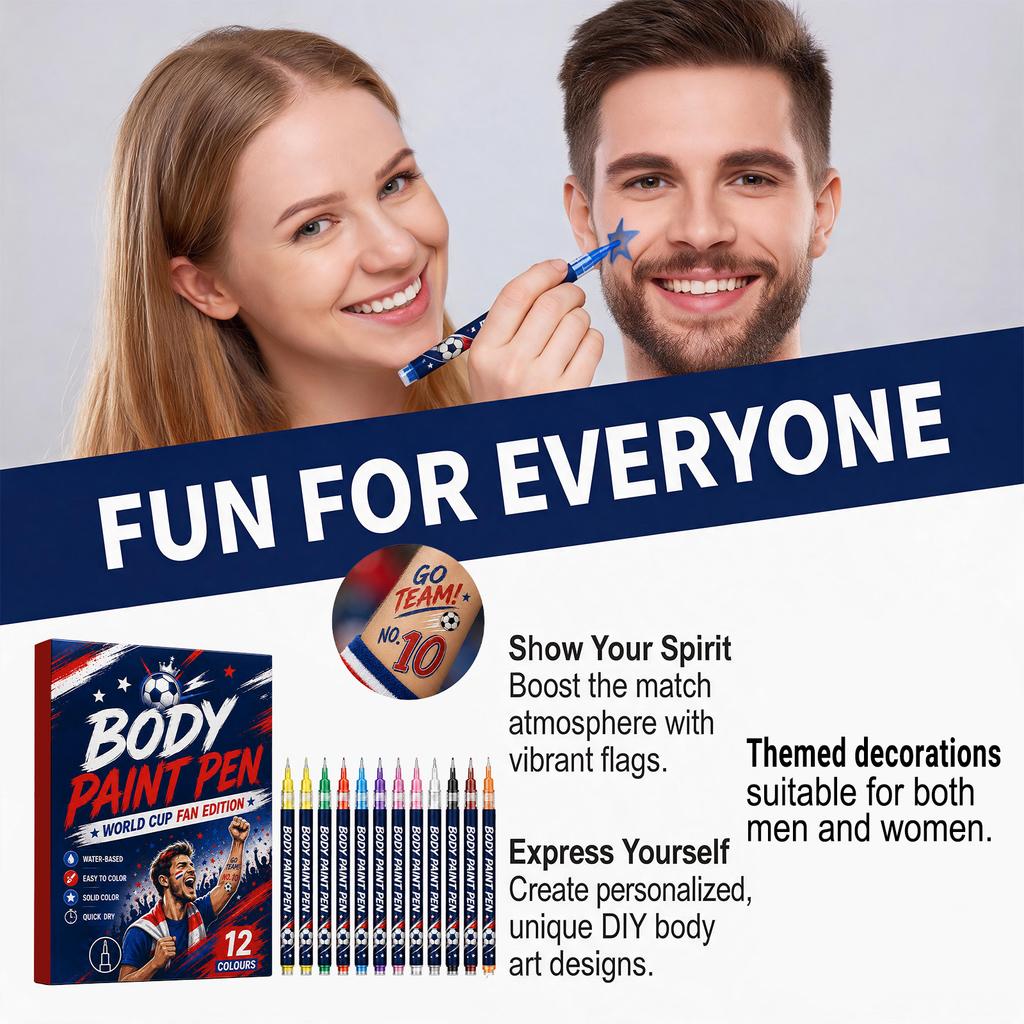 World Cup Body Paint Pens, Gentle Formula Smooth Graffiti, Portable Body Art Markers, 12 Colors Set