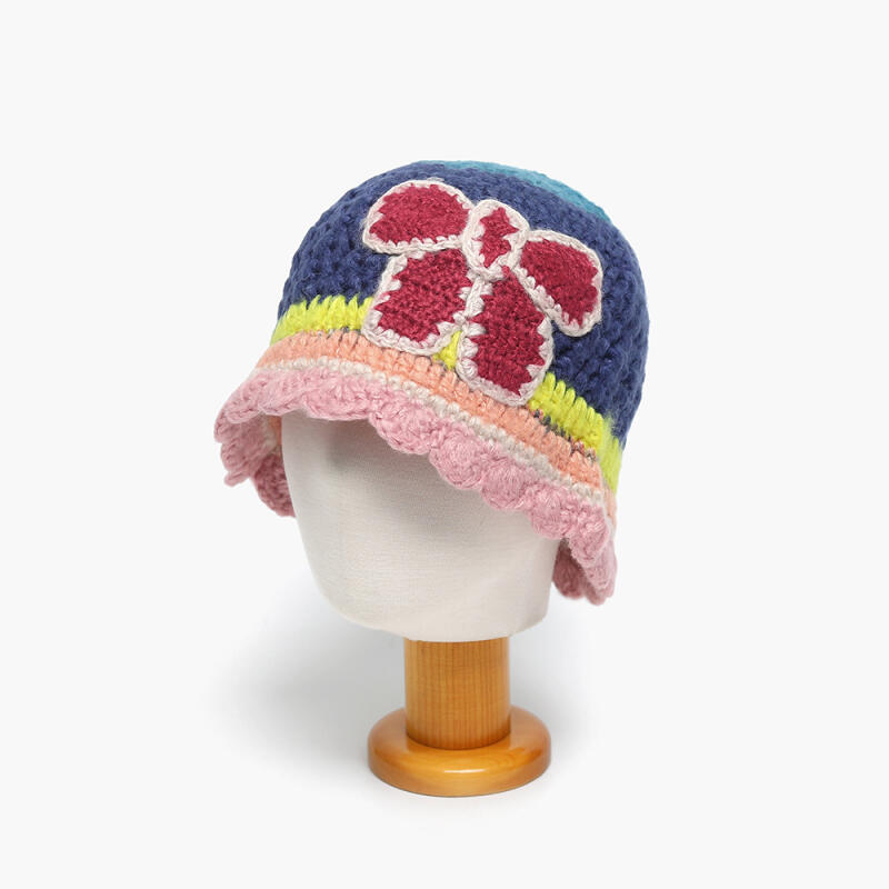 Knitted hat, grandma s ribbon, rainbow bucket hat Navy