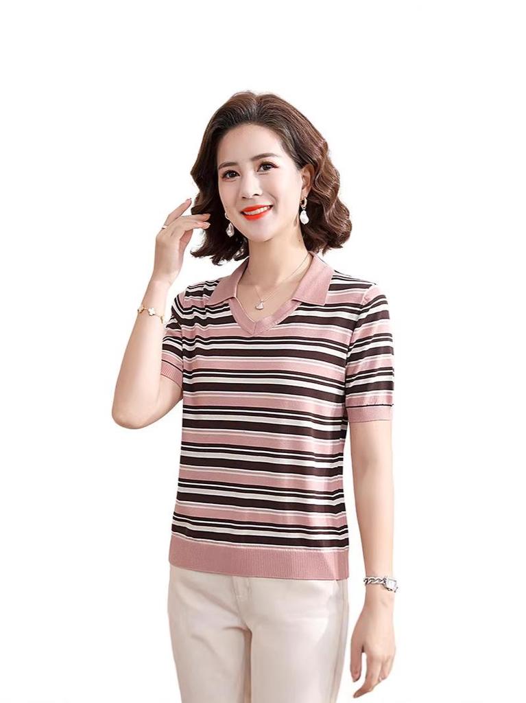 Stylish Striped Ice Silk Short Sleeve T-shirt for Middle-Aged Women