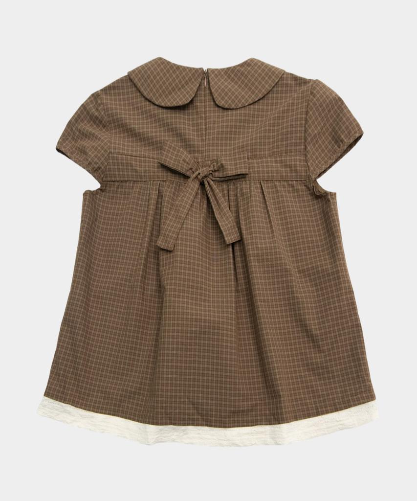 SOME PLACE Check Lace Contrast Sequin Star Print Frill Short Sleeve Blouse Shirt [Brown]