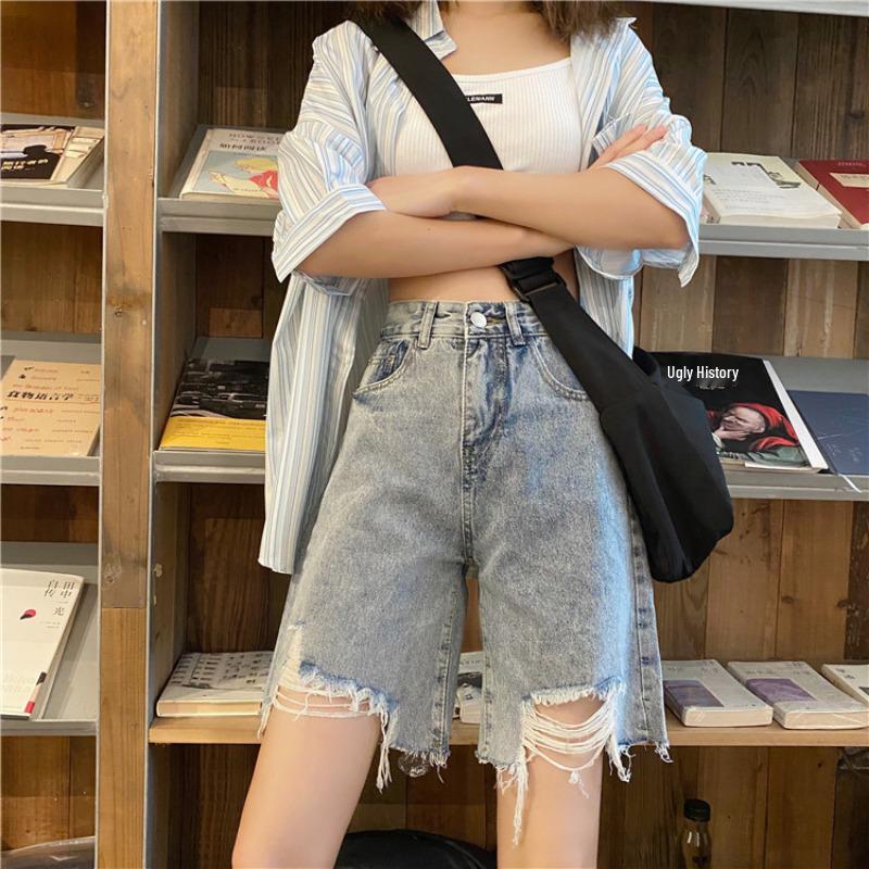 Damen High-Waist Ripped Denim Shorts - Sommer Hong Kong Style Trend