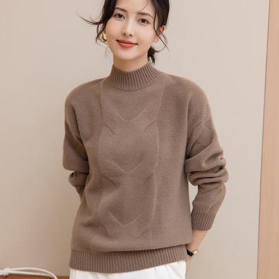 Women's Half-High Neck Cable Knit Wool Sweater - Stylish, Age-Reducing, Versatile Long Sleeve Knitwear