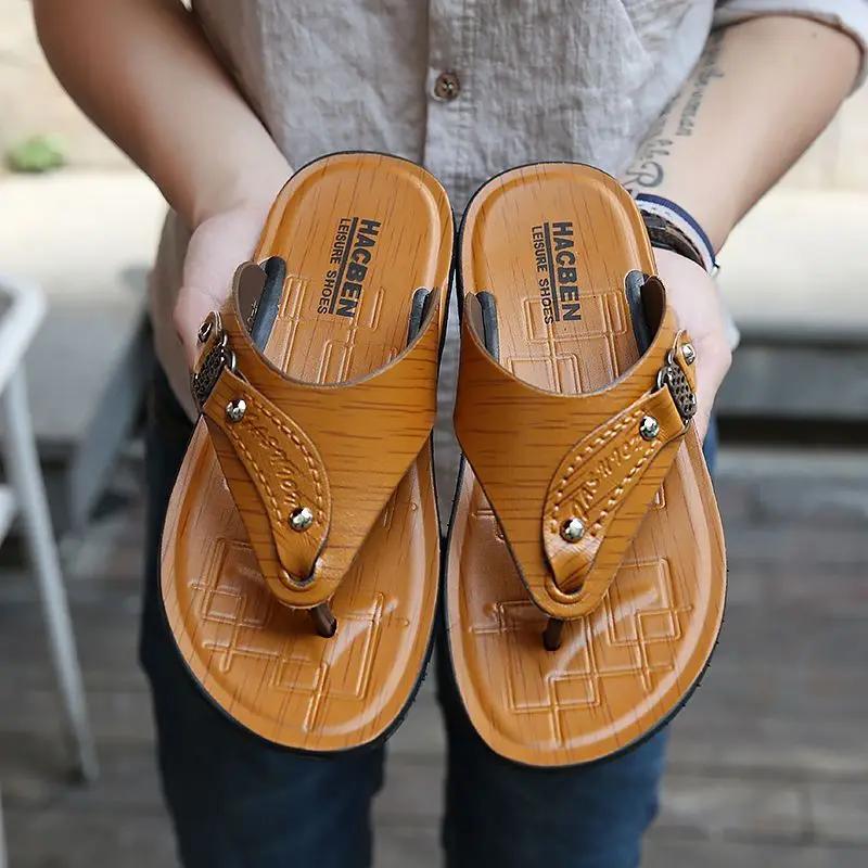 Business Men's Shoe Shiatsu Flat Leather Soft Sabot Outdoor Flip Flops Slides Cheap Shoes Liquidation 2026 Style Male Slipper