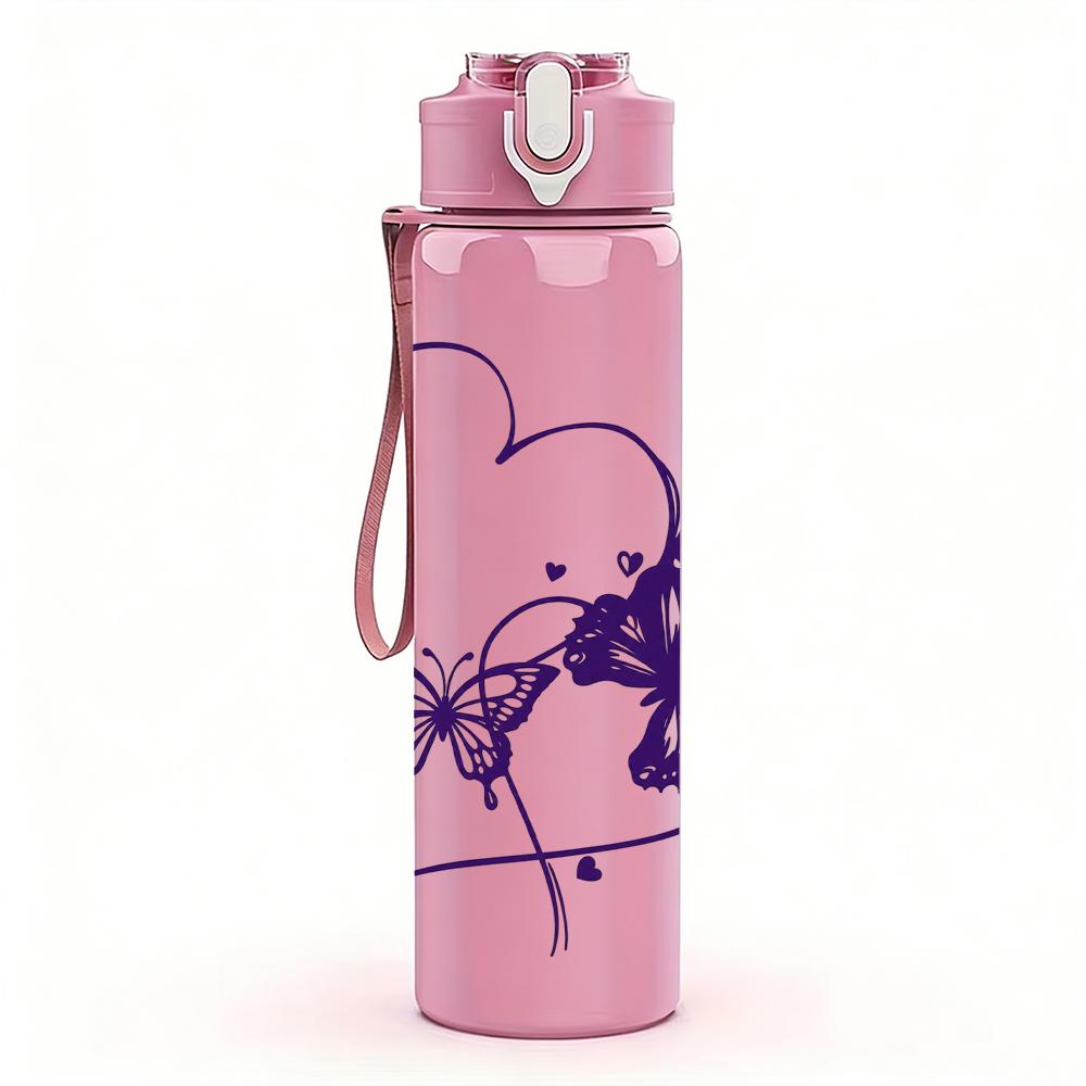 1PC Purple Butterfly Thin Heart 750ml Color Plastic Sports Water Bottle Leakproof Flip Straw Lid Suitable for Sports Office Home Use