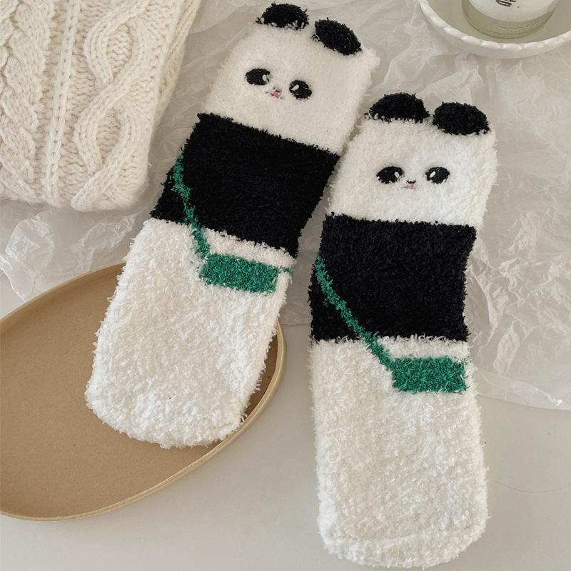 Autumn and Winter Coral Fleece Socks for Women's Home, Cute and Fluffy Panda Thickened Warm Sleep Socks, Floor Socks, Mid-calf Socks