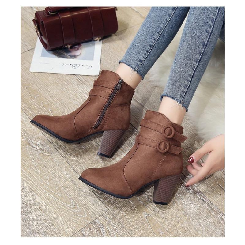 Damskie Buty Zamszowe Krótka Cholewka Zamek Boczny Sztuczne Krótkie Futro Średniej Wysokości Obcas Grubszy Obcas Gumowa Czubek Szpiczasty Modne Buty
