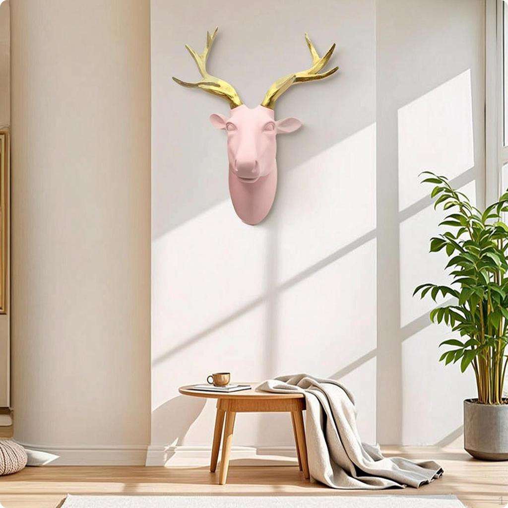 Deer Head with Antlers Carved Wall Sculpture Matte Gilded Detail Stag Art for Living