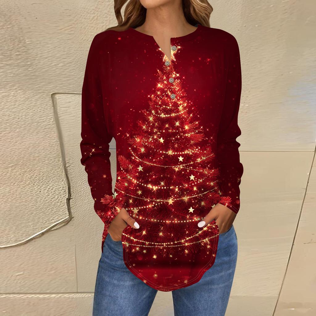 Damska modna bluzka o luźnym kroju z kołnierzykiem zapinanym na guziki i świątecznym nadrukiem z długim rękawem