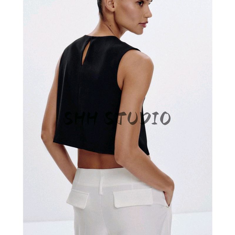 Autumn New Women's Clothing French Style Design round Neck Sleeveless Gold Fake Button Double Breasted Tops 3897151