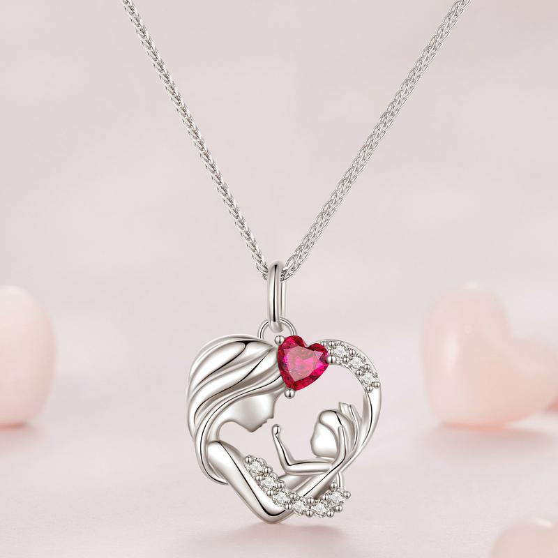 BISAER 925 Silver Mother & Child Pendant Necklaces Heart Charm Adjustable Chain For Women Mother's Day Birthday Jewelry