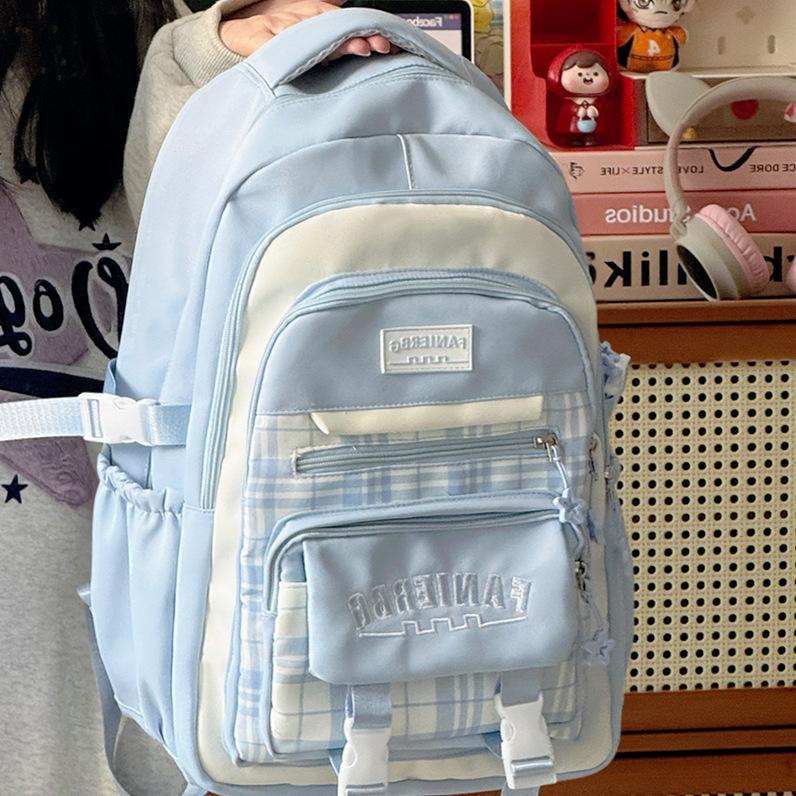 Schoolbag new large-capacity student schoolbag plaid contrasting color college style multi-layer backpack travel junior high school backpack