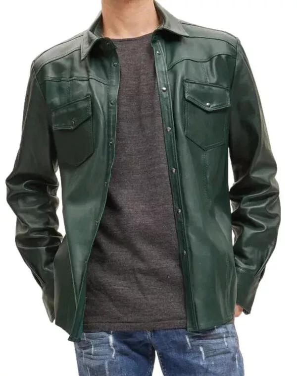 Formal Genuine Leather Classic Lambskin Green Men Stylish Casual Handmade Shirt
