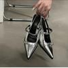 Fashion Women's Silver Buckle Slingback High Heels Pointed 2024 Summer Thin Heel Leather Shoes for Woman Elegant Party Mary Jane Pumps