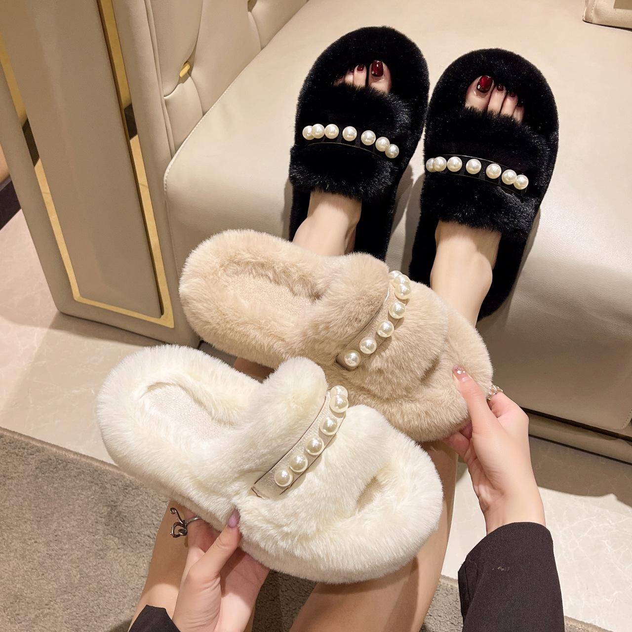 

Thick-soled high-heeled fluffy slippers for women to wear outside autumn and winter new fashion outer wear pearl one-word fashion cotton mop 40