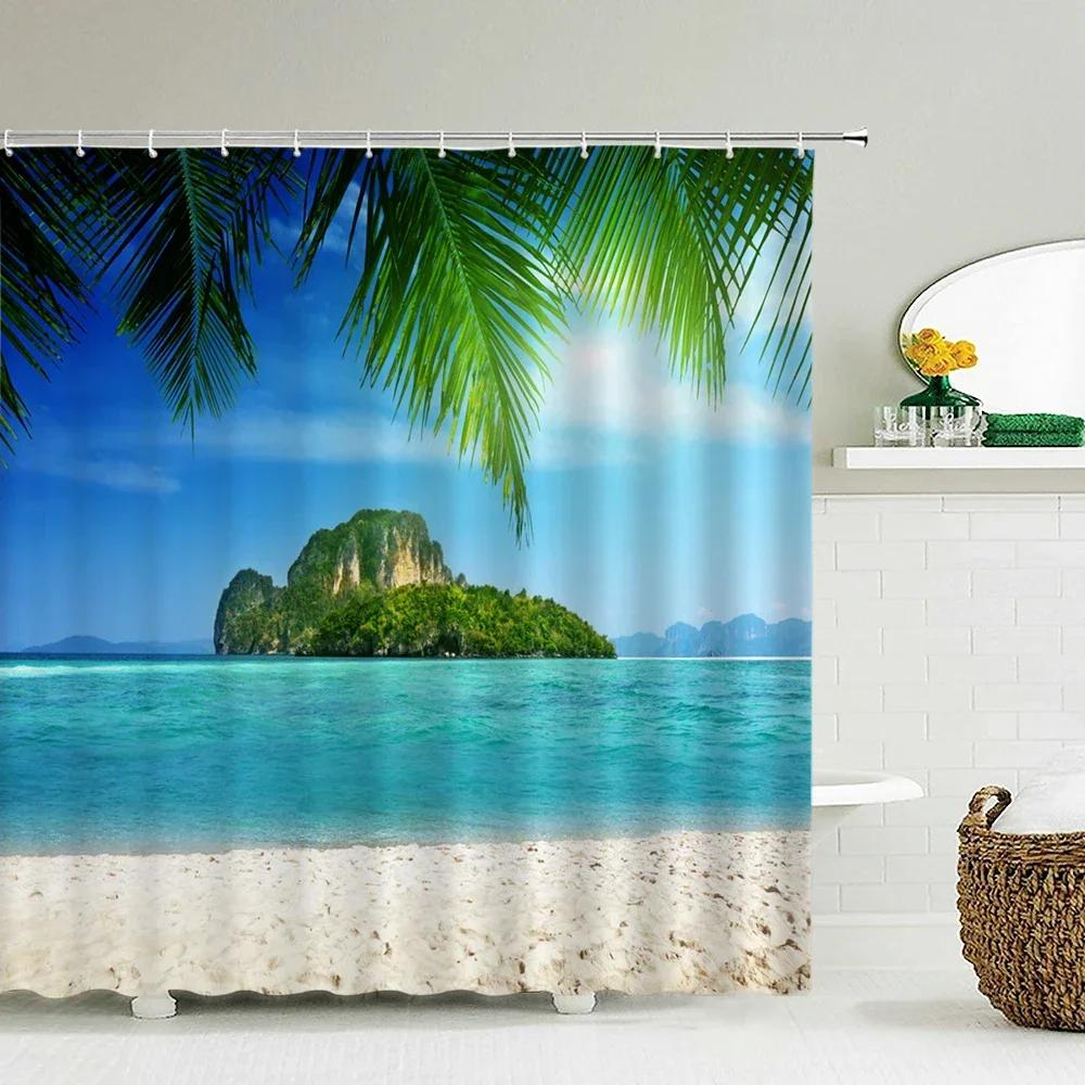 Seascape Beach Shower Curtains Bathroom Shower Curtain 3D Fabric Curtain Waterproof Curtain Easy To Install, Smooth and Silent
