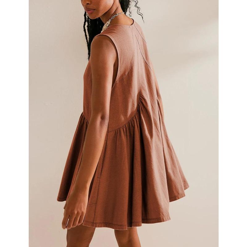 Moda de mujer Verano Primavera Color sólido Estampado Sin mangas Con cuello en V Cintura suelta Vestidos casuales