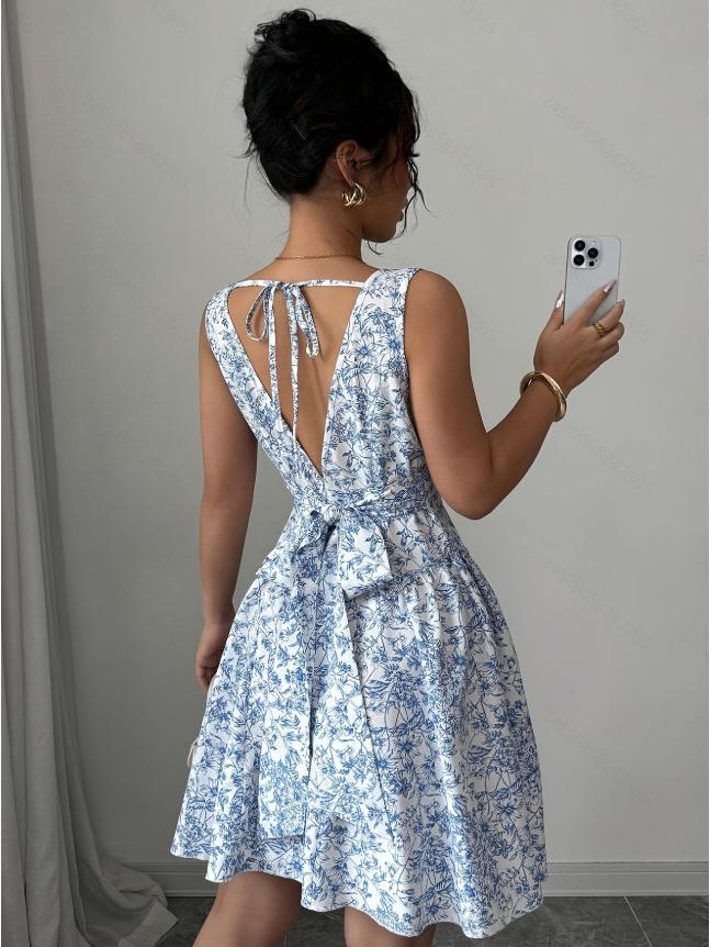 Women's Bohemian Backless Floral Dress with Bow Tie Straps