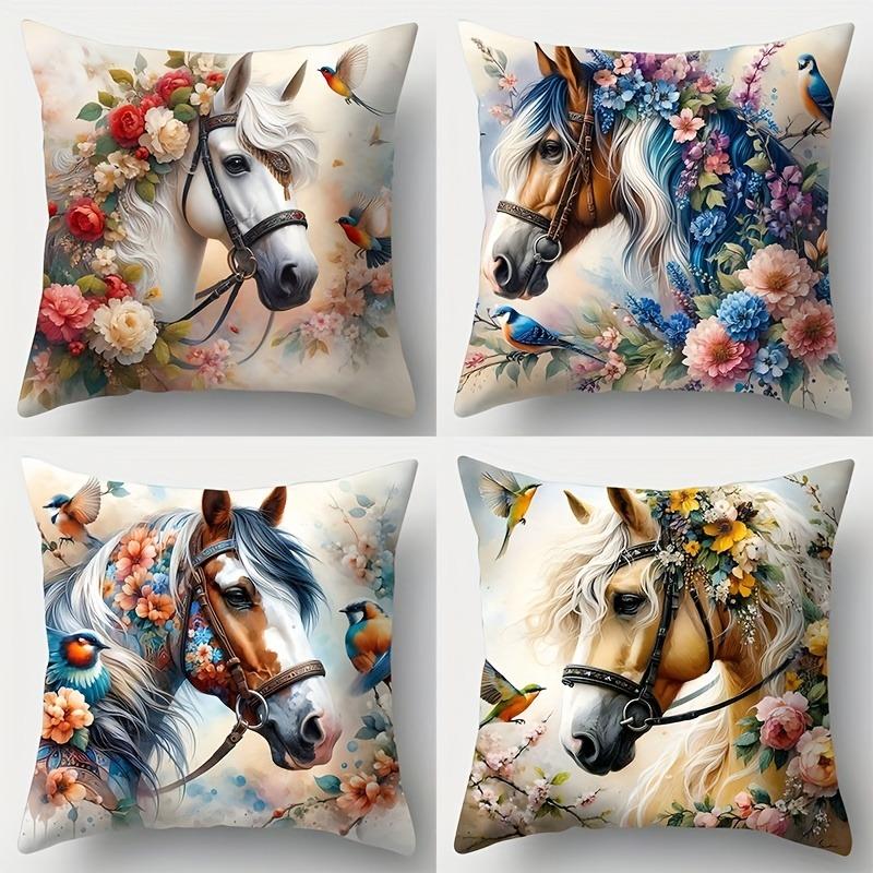Majestic Horse - Floral Elegance Pillow CoversLiving Room Sofa Cushion Cover, Soft and Comfortable, Bedroom Room Decoration