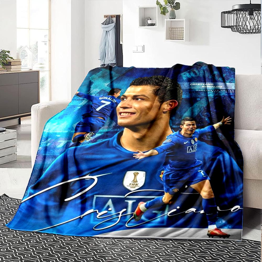 Cristiano Ronaldo Retro Blue Jersey Print Flannel Blanket Soft Warm Throw Blanket Football Fan Sofa Bed Decor