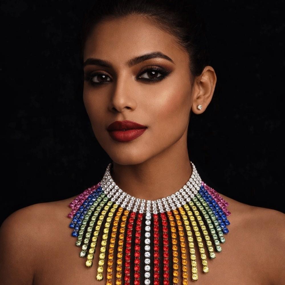 Vintage Rhinestone Crystal Necklace Shiny Ear Studs Luxury Rainbow Tassel Jewelry Set  Girls