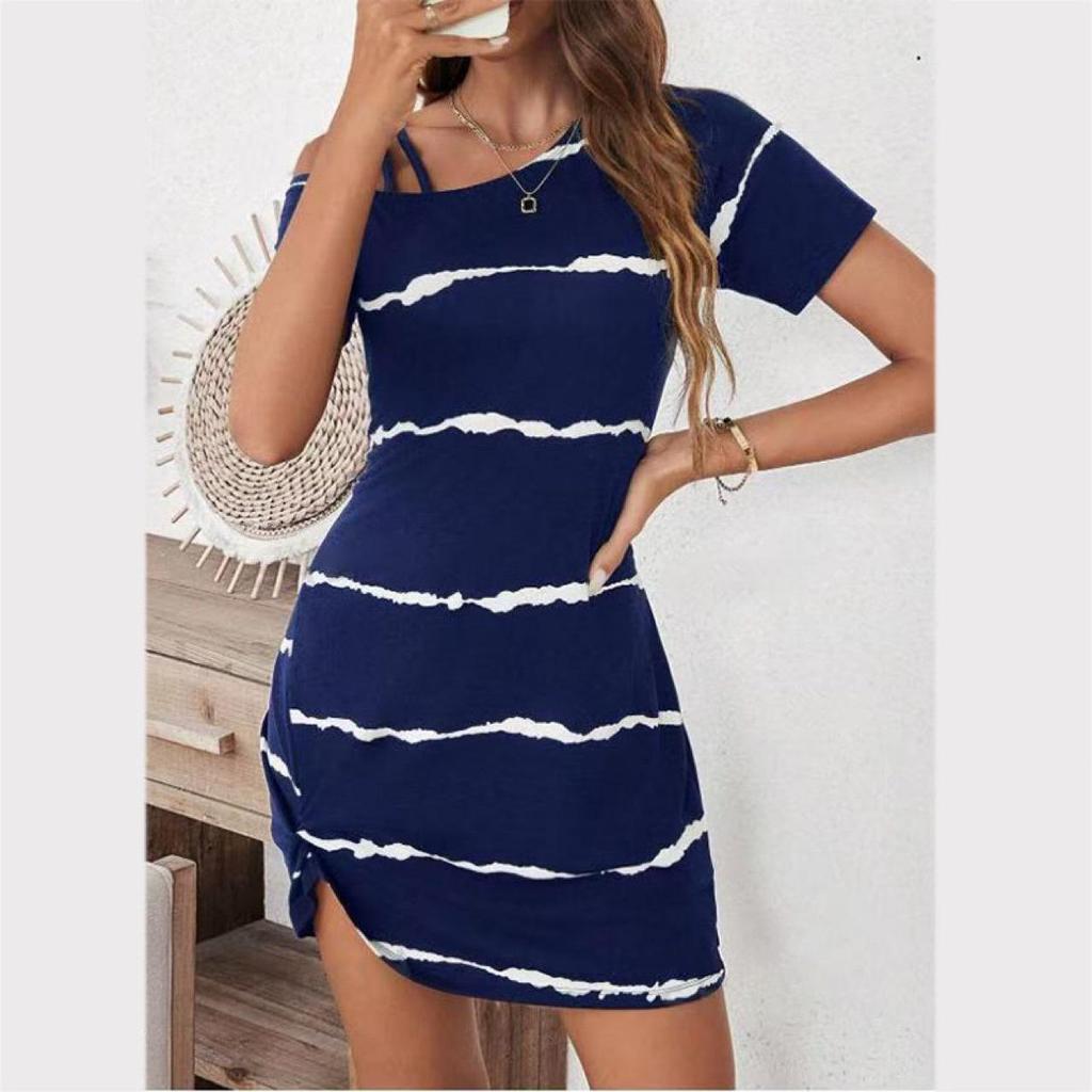 2024 European & American One-Shoulder Sexy Short-Sleeved Dress