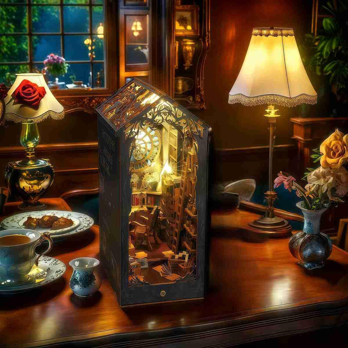 

FSEARRT 3D Puzzle Miniature House Kit with Bookends, Bookstand, LED Bookshelf Decoration, Handmade Kit, Assembly, Wooden Puzzle, Woodcraft,