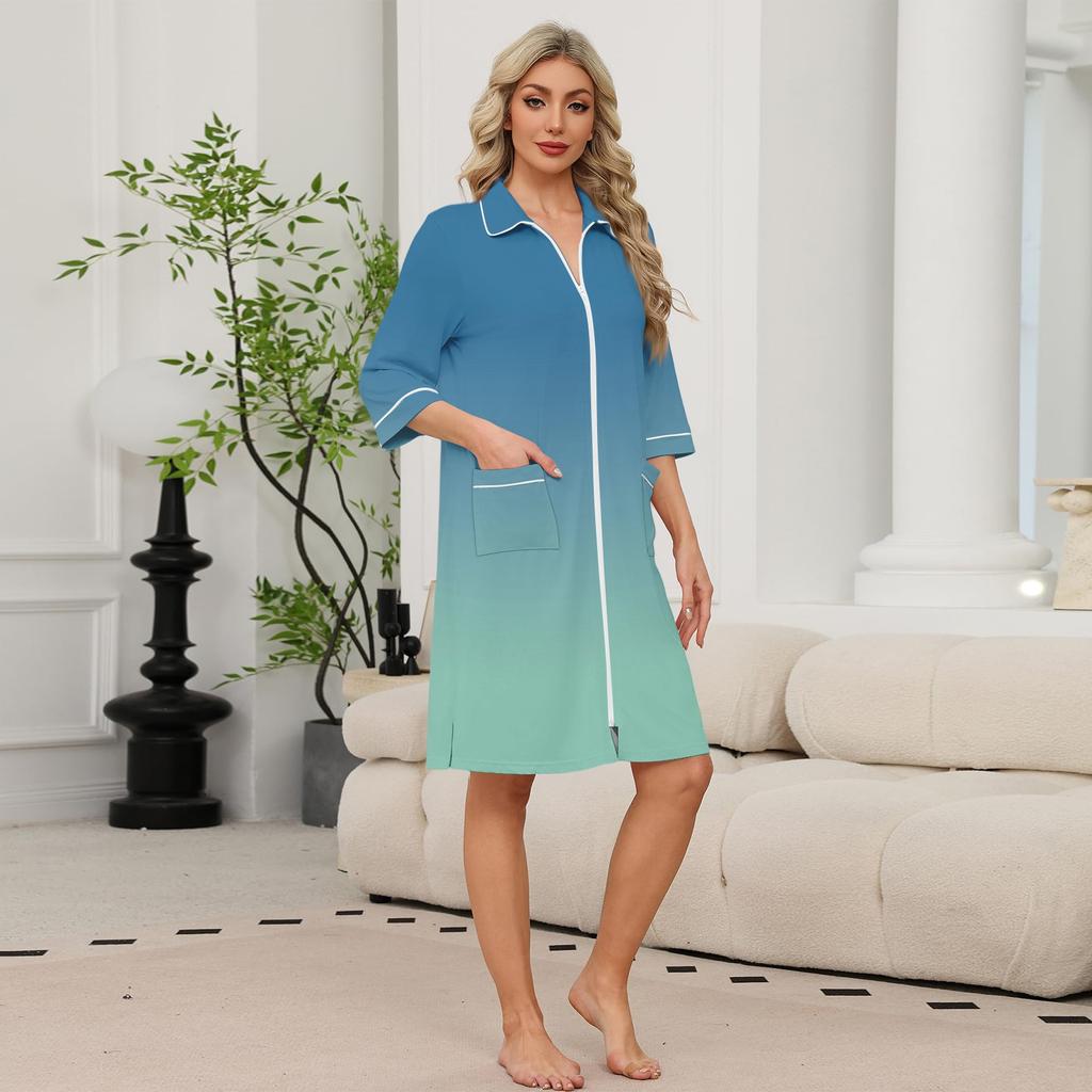 Women's Zip Front Lightweight Robe with Pockets - 3/4 Sleeve Knee Length Bathrobe and Loungewear