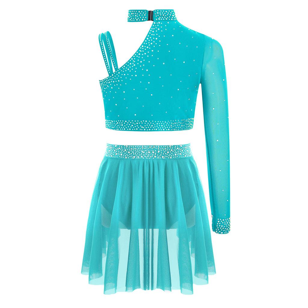 Girls Sparkly Rhinestones Crop Top Ruched Irregular Dance Skirt Figure Skating Gymnastics Set