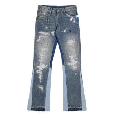 LUXEON Blue Lavato Strappato Jeans a Zampa Hip Hop Graffiti Jeans in Denim Strappato Uomo Streetwear Vintage Jeans a Gamba Larga