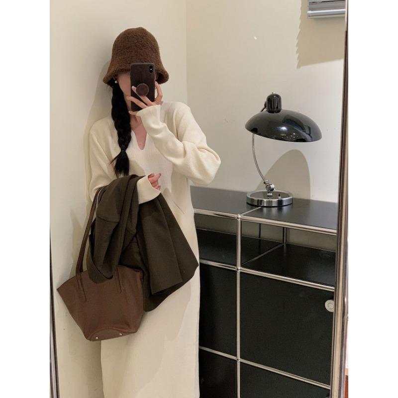 

Однотонное простое платье-свитер длинное женское осенне-зимнее новое свободное и тонкое вязаное платье one size fits all