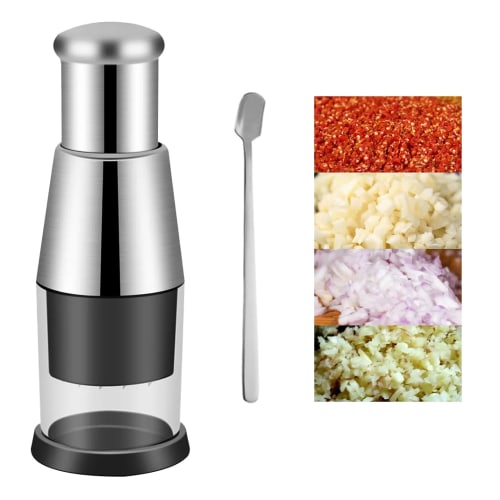 DIYBravo Garlic Press, Push-Type Garlic Crusher, Garlic Cutter with 1 Small Spoon, Stainless Steel Blocking Cup, for Onions, Ginger, Garlic, Chili Pep