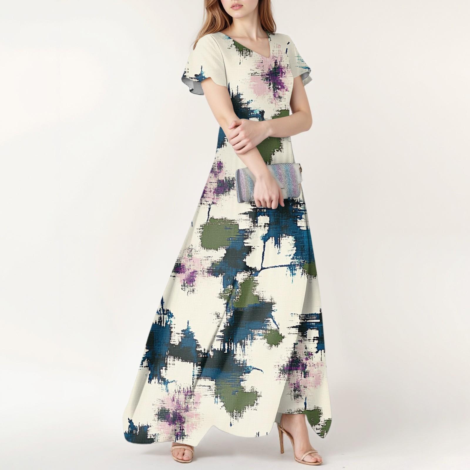 

Женское весенне-летнее повседневное модное платье с цветочным принтом и коротким рукавом, V-образный вырез M