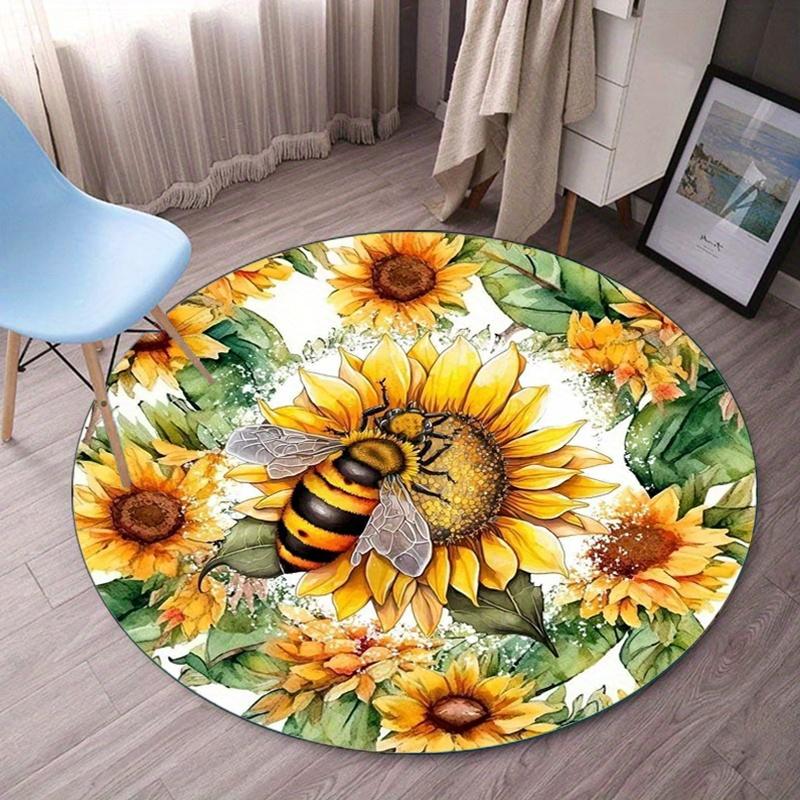 

Sunflower Bee Round Rug Nature Floral Design Summer Garden Decor Vibrant Colors Floor Mat Home Interior Art crystal fleece 60cm x 60cm