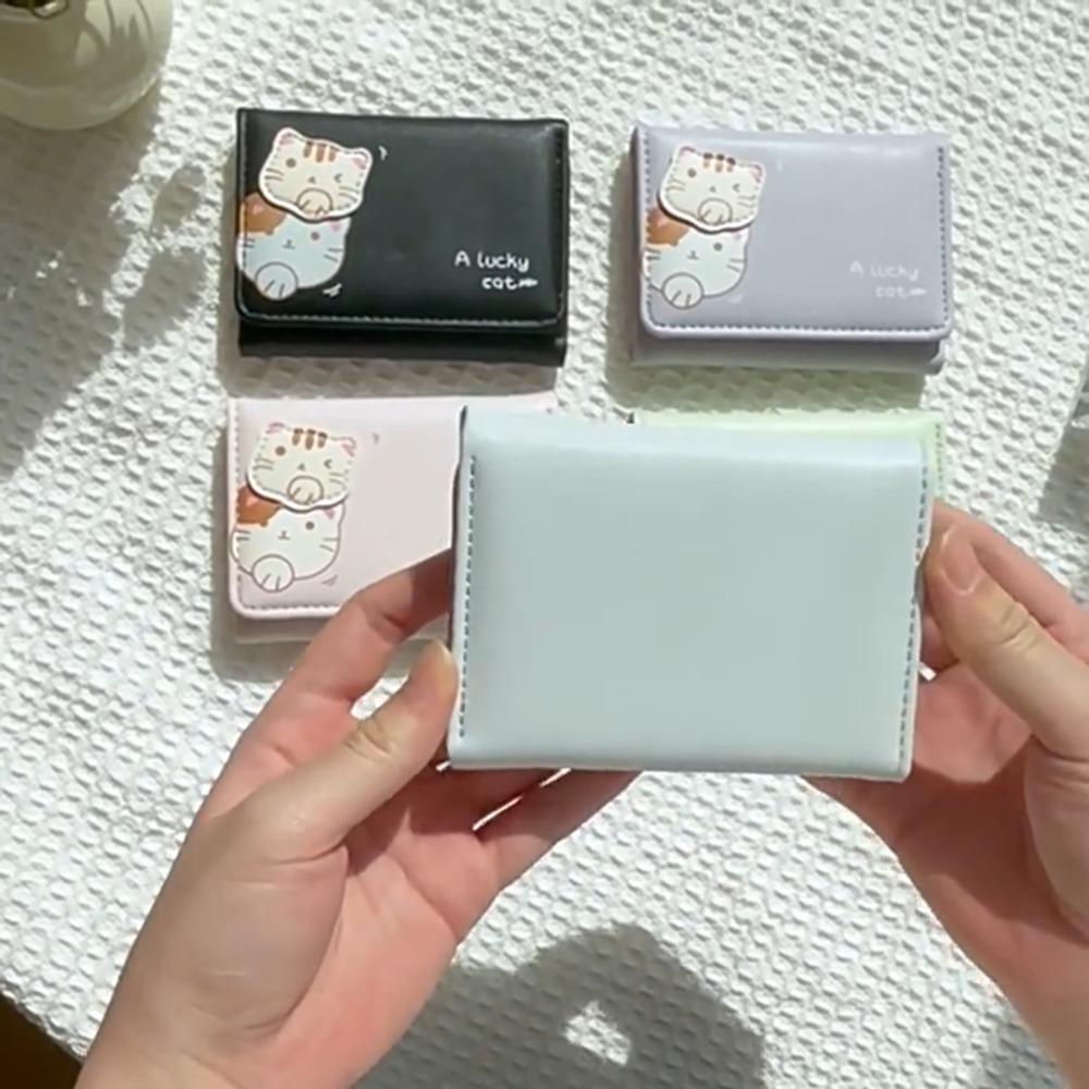 Korean Style Cat Short Wallet Solid Color Women Card Holder Elegant Coin Purse Female