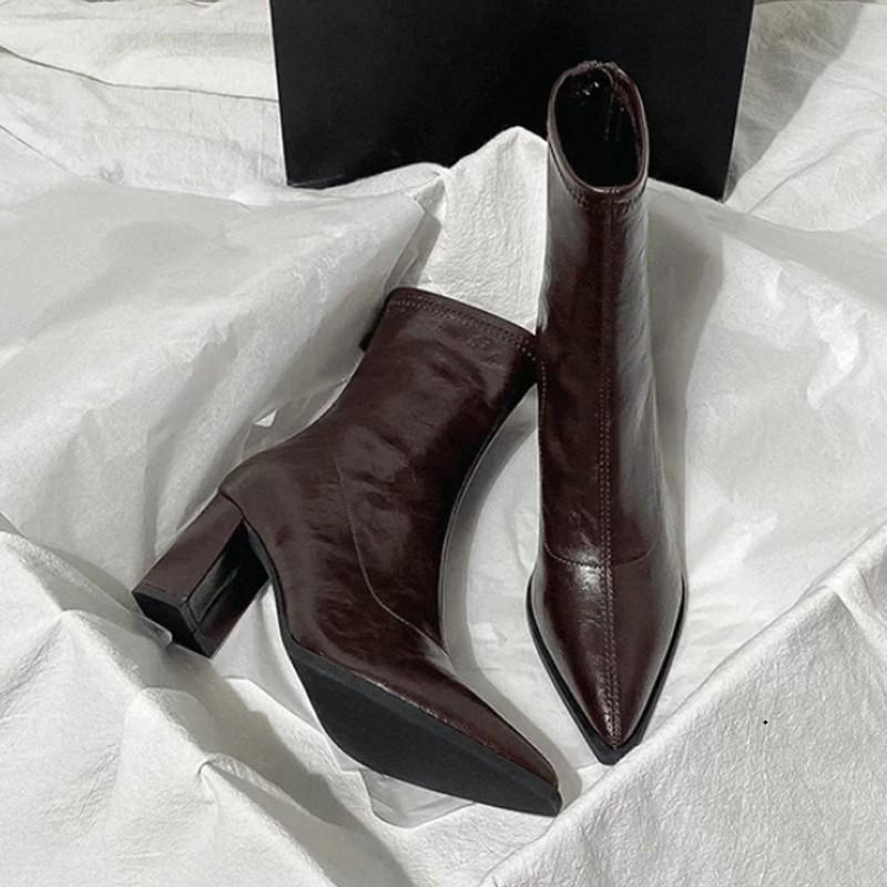 Fashion Autumn Winter Vintage Thick Heel Slim Ankle Boot Women Fashion Pointed Toe Stripper Party Modern Short Botas Para Mujer
