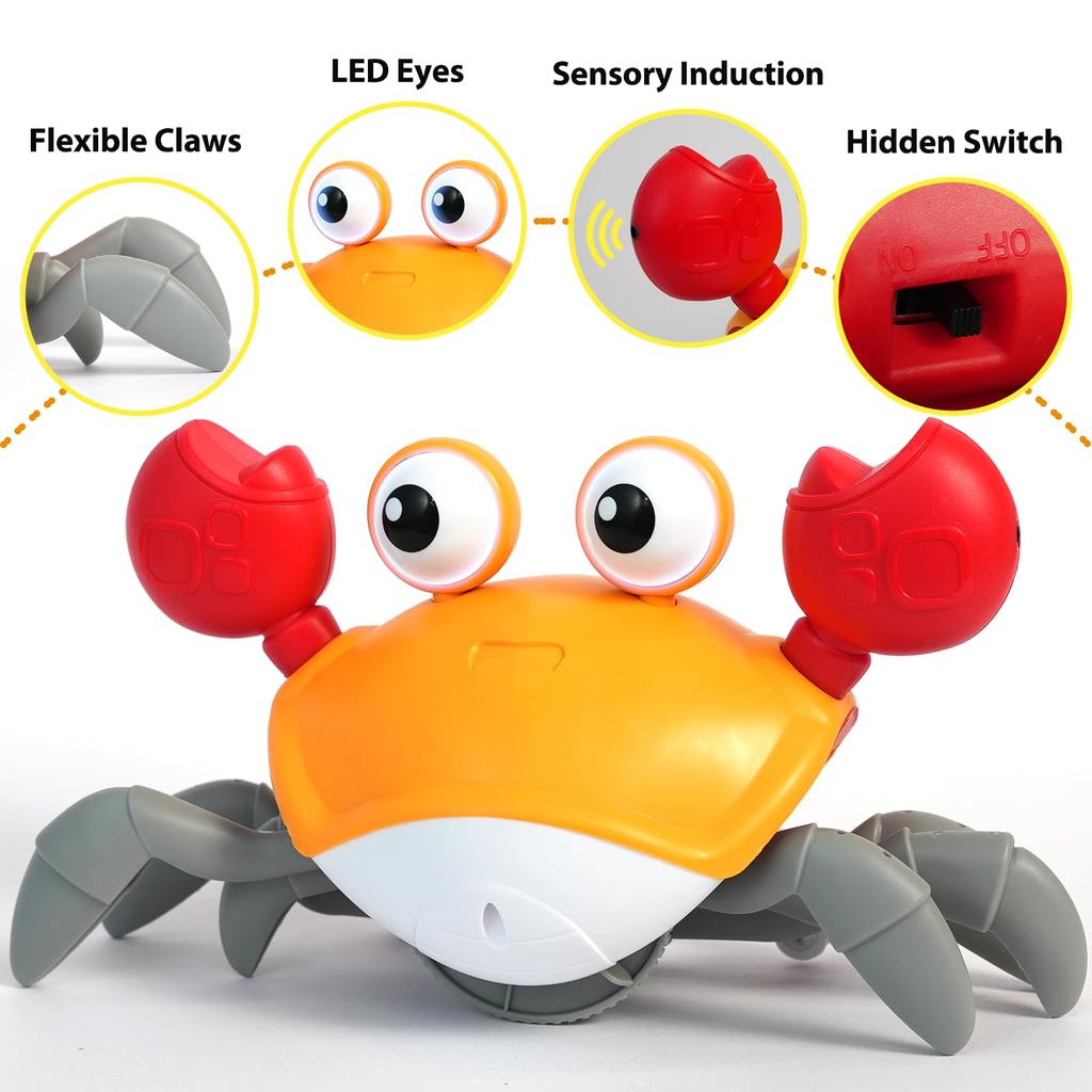 Kids Crawling Crab Toy with Music, Electronic Light-Up Crawl, Automatically Avoids Obstacles, Moving Toy for Boys and Girls