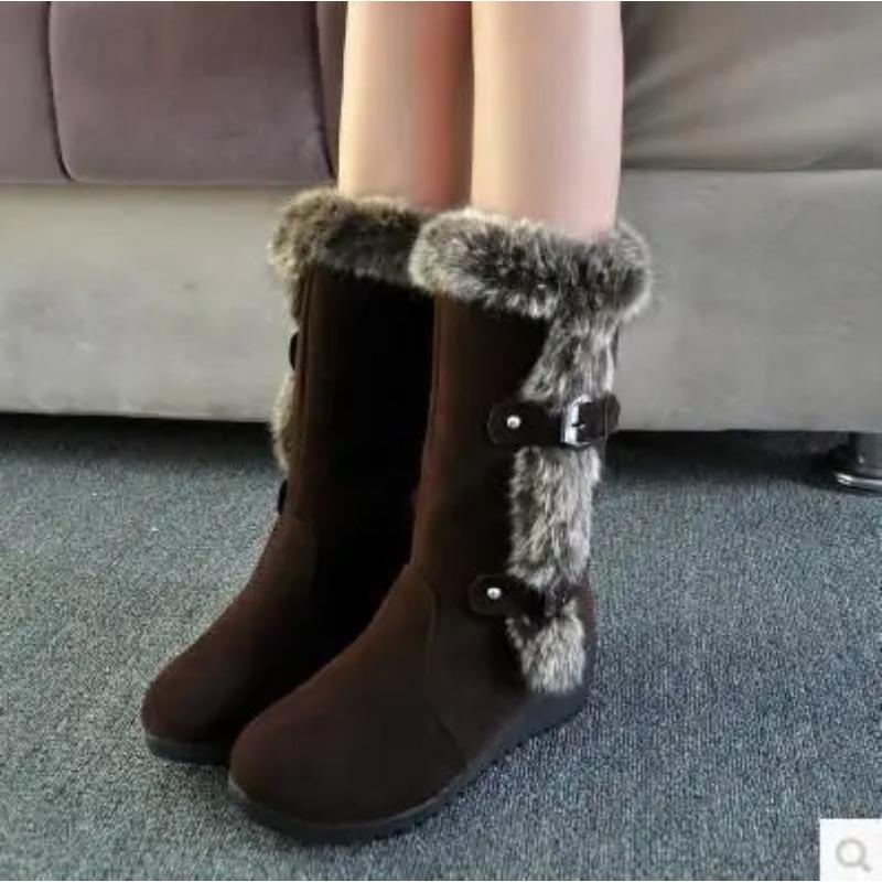 New Winter Women Boots Casual Warm Fur Mid-Calf Boots Shoes Women Slip-On Round Toe Wedges Snow Boots Shoes Muje Plus Size 42