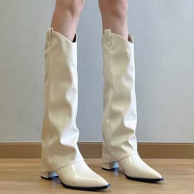 Leather Chunky Women High Boots Pointed Toe Fad High Heels Shoes 2025 Trend Winter New Knee High Pumps Motorcycle Botas