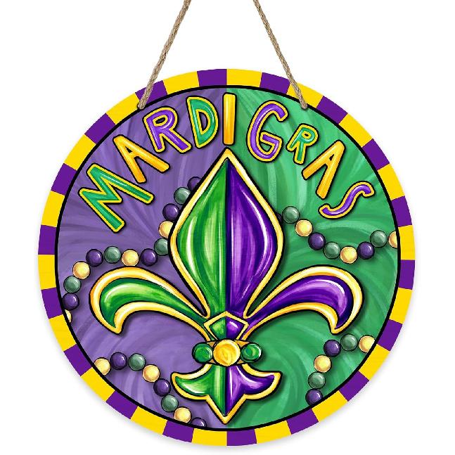 Mardi Gras Fleur De Lis Front Door Sign, Beads New Orleans Carnival Wood Door Hanger Outdoor Outside Porch Decor, Masquerade Wooden Wreath Indoor