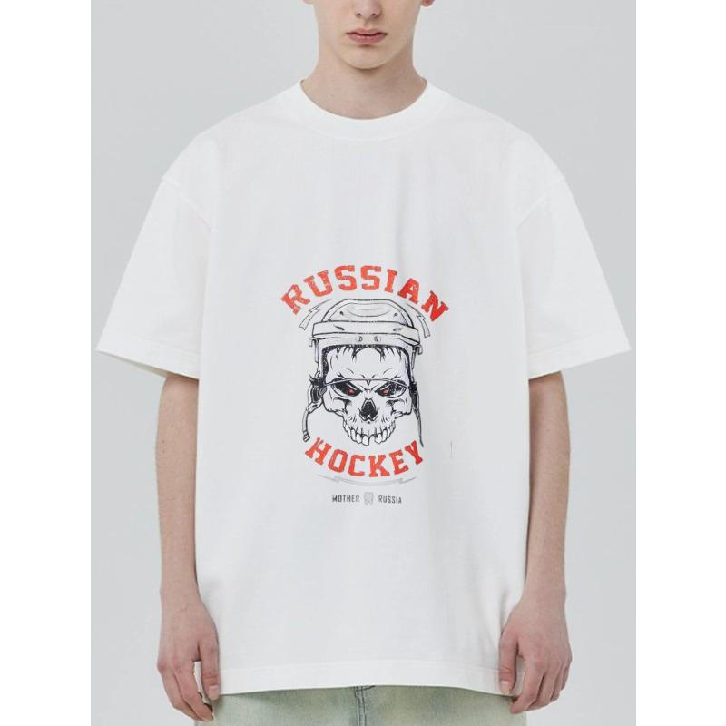 Russian Hockey T Shirt Black Skull with Helmet and Red Text for Casual Wear