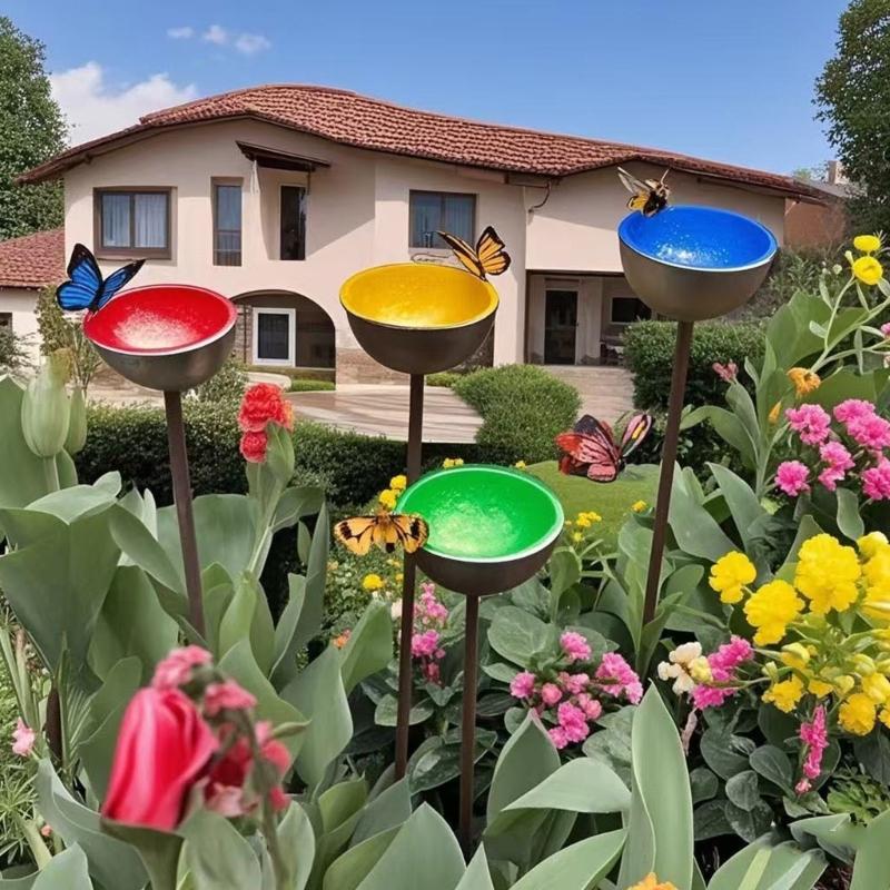 Artistieke Tuinvogelvoederbak voor Buiten Weerbestendige Metalen Schalen Verwijderbare Palen Watertafel voor Wilde Dieren Regenopvanger