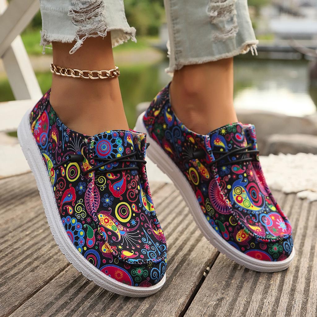 Women Flats Sneakers 2025 Spring Autumn New Women Fashion Canvas Print Flat Shoes Lace Up Woman Outdoor Casual Big Size Sneakers