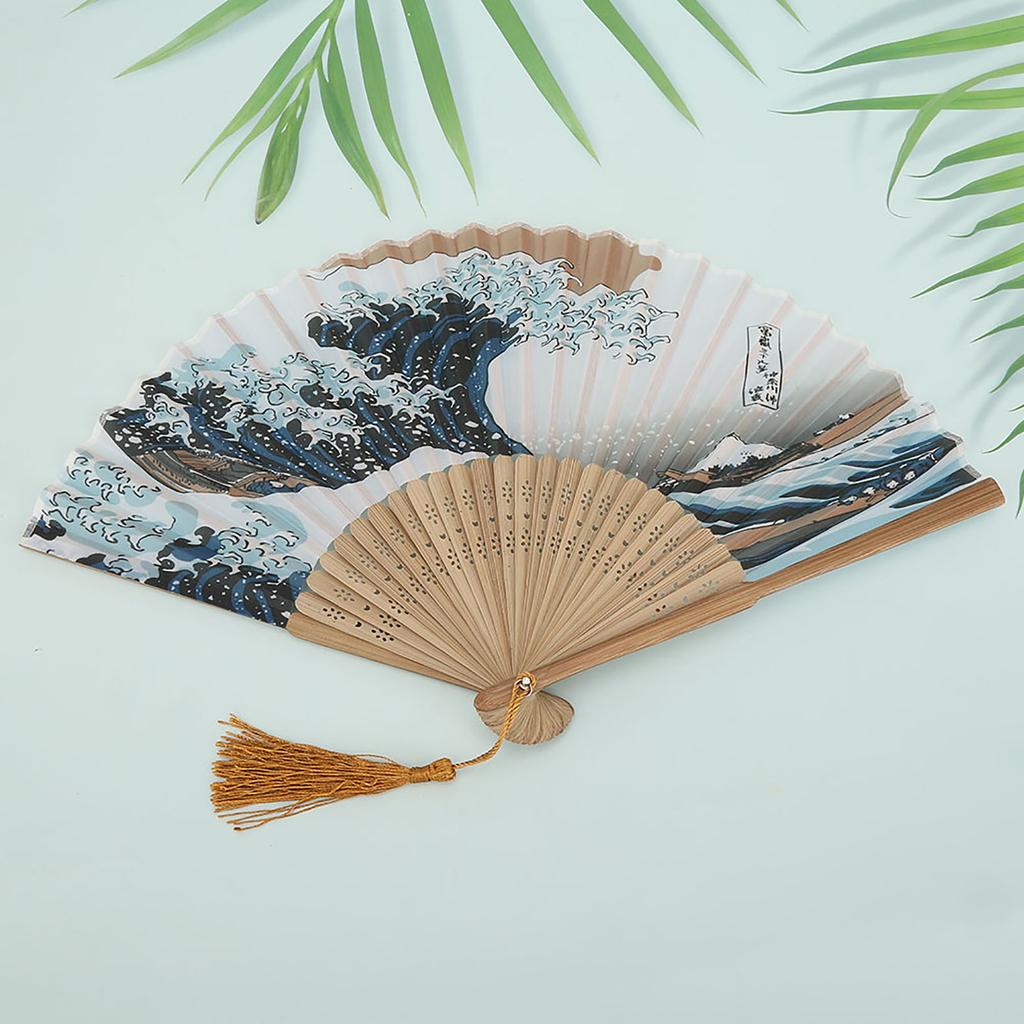 Elegant Janpanese Style Painted Waves Retro Bamboo Folding Fan Home Office Decoration(#1)