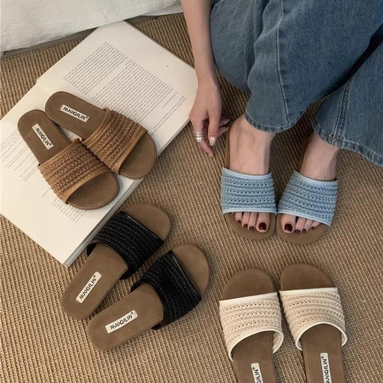 French holiday woven niche cool slippers women's 2025 spring and summer outer wear season with skirts, evening breeze platform Boken shoes