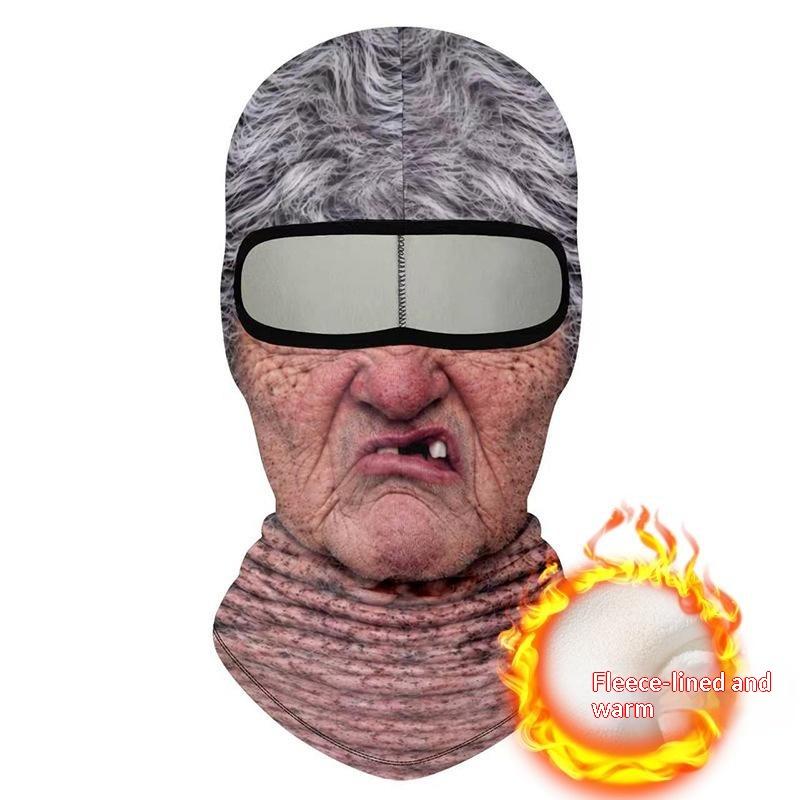 Maschera Facciale Traspirante a Copertura Totale con Stampa 3D di Vecchio, Fori per gli Occhi Bianchi, Baffi Bianchi, Maschera da Sci Elastica con Cappuccio